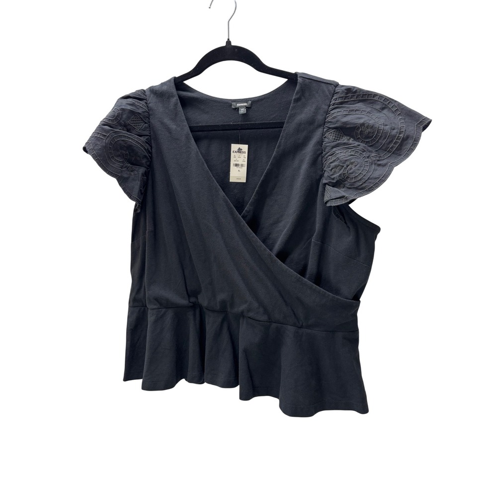 Express Womens Black Cotton Eyelet Flutter Sleeve Peplum Surplice Top XL NEW